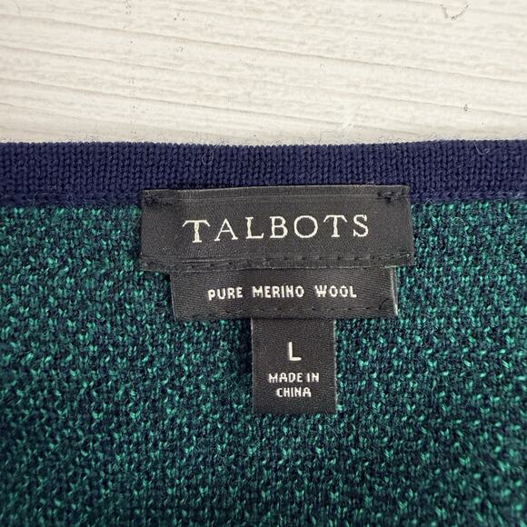 Talbots Pure Merino Wool Cardigan Large Green Tartan Plaid Preppy Open Front - Picture 9 of 15